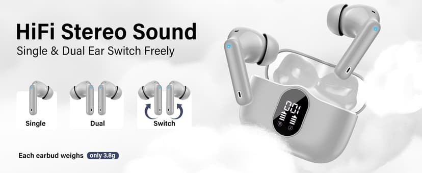 Wireless Earbuds, Bluetooth 5.4 Headphones Bass Stereo, Ear Buds with Noise Cancelling Mic, LED Display in Ear Earphones Clear Calls, IP7 Waterproof Bluetooth Earbuds for Laptop/Phones/Sports, White