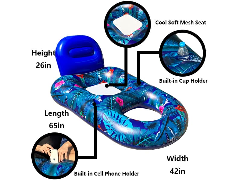 FindUWill Pool Floats Chairs Adult - 2 Pack 65'' x 42'' Large Pool Float Chairs, Inflatable Pool Lounger with Cup Phone Holder, Backrest, Footrest, Tanning Pool Lounge
