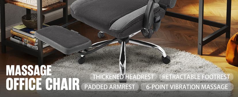 Massage Office Chair with Foot Rest,6-Point Vibration & Heat Executive Office Chairs,Ergonomic Computer Chair for Heavy People,Big and Tall Fabric Office Chair,Recliner with Padded Armrest,BlackGrey