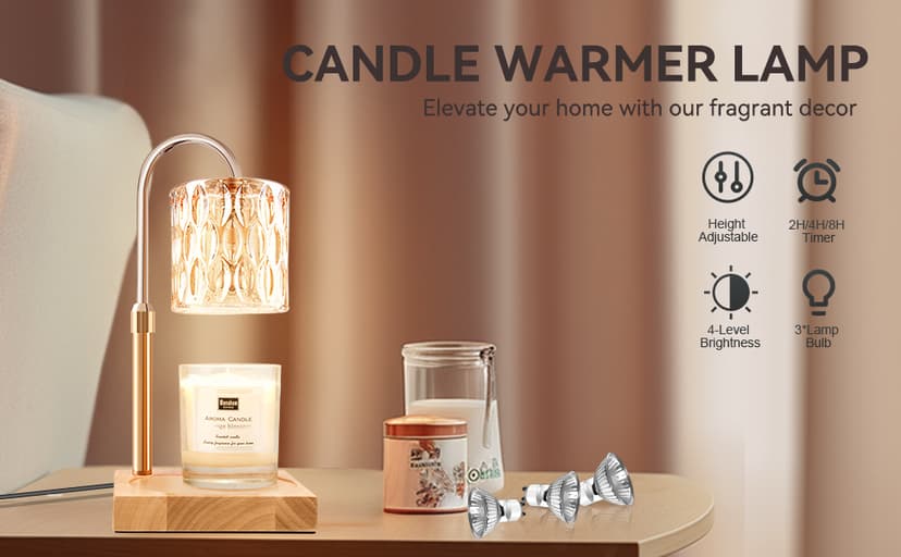 Candle Warmer Lamp with 3 Bulbs, Adjustable Height Dimmable Candle Warmer with Timer, Candle Lamp with Charming Gift Box Ribbon,Birthday Gifts for Women Mom, House Warming Gifts New Home Decor