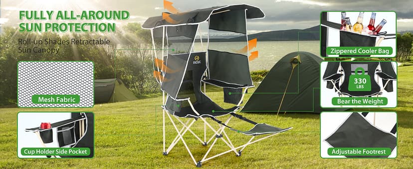 Nice C Chair with Canopy, Umbrella Chairs, Chair with Shades, Sports Chairs, w/Removable Footrest, Cooler Bag, Cup Holder for Camping, Fishing, Sports, Soccer, Beach (1-P Green)
