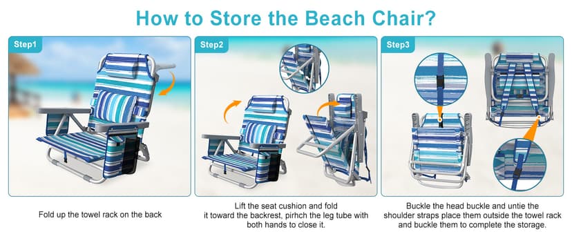 Suteck Backpack Beach Chairs for Adults, 5-Position Lay Flat Reclining Chair with Cooler Pouch, Cup Holder, Towel Bar, 2-Pack Portable Folding Beach Chair for Lawn Outdoor (1, Light Blue)