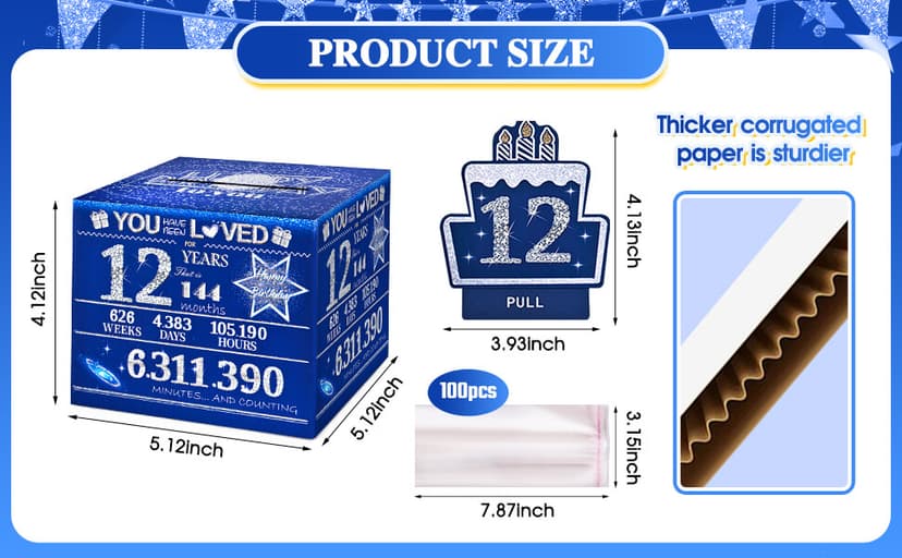 12 Happy Birthday Money Box for Cash Gift, 12th Birthday Decorations for Boys and Girls, Gifts for 12 Year Old Boy, Boy Gift Ideas, Cool Things for Teen -Blue with 100PCS Bags