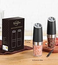 Sangcon Gravity Electric Salt and Pepper Grinder Set Automatic Shakers Mill Grinder with LED Light, BATTERY POWERED Adjustable Coarseness One Hand Operation, Upgraded Larger Capacity