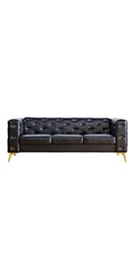 ORRD 3 Piece Living Room Set, Chesterfield Leather Sofa Loveseat Couch Chair with Scroll Arms and Nailhead for Living Room, Office (Dark Brown)