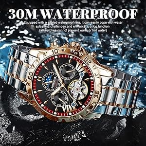 FORSINING Mechanical Men's Watch, Moon Phase Tourbillon Automatic Self-Wind Wristwatch, Luxury Stainless Steel Band 43mm Big Dial Mens Wrist Watch with 3 Sub Dial