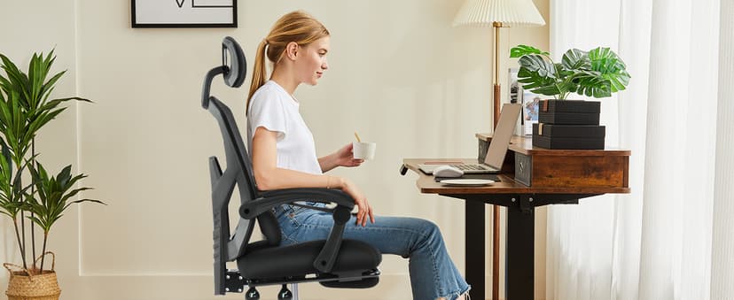 Sweetcrispy Office Computer Desk Chair with Footrest,Ergonomic High-Back Mesh Rolling Work Swivel Chairs with Wheels,Comfortable Lumbar Support,Comfy Arms for Home,Bedroom,Study,Student,Light Blue