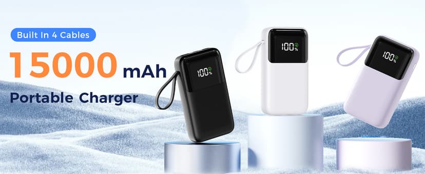 Power Bank, 15000mAh Portable Charger with Built in Cable, 22.5W Fast Charging, 6 Outputs, Slim Travel Essential Battery Pack with LED Display, Compatible with iPhone 16/15/14/13, Samsung, iPad, etc