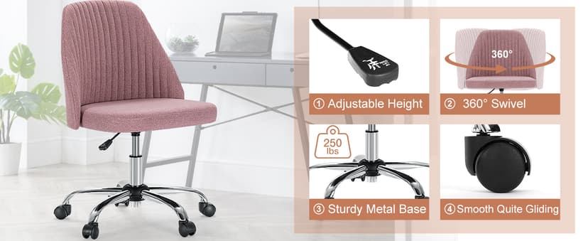 DUMOS Office Chair, Comfy Desk Chair Rolling Vanity Swivel Task Chairs with Wheels, Wide Seating Armless Height Adjustable Computer Chairs for Home,Bedroom,Student,Adults, Blush