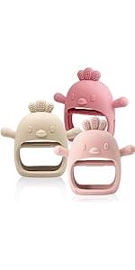 2 Pack Baby Teething Toy Silicone Teething Mitten for Babies Over 3 Months Anti Dropping Wrist Hand Teethers Baby Chew Toys for Sucking Needs, BPA Free (Pink & Caramel)