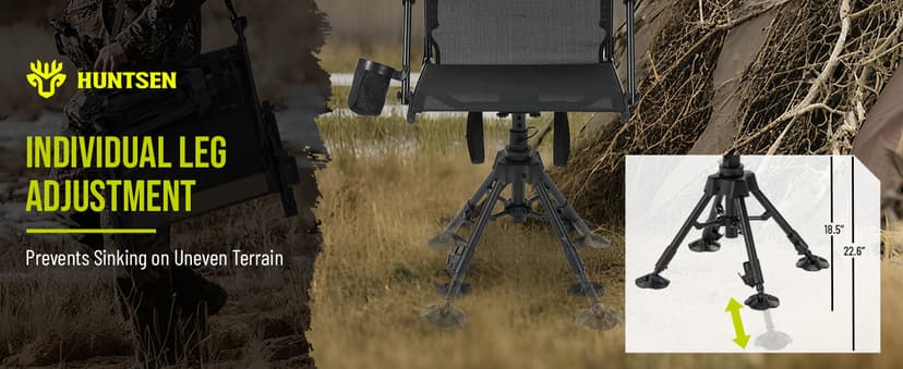 HUNTSEN 360° Silent Swivel Hunting Chair for Blinds - Stable Portable Ground Blind Chair Adjustable 4 Legs & Seat Height Folding Outdoor Fishing Seat with Anti-Sink Feet Armrest - Supports 330lbs
