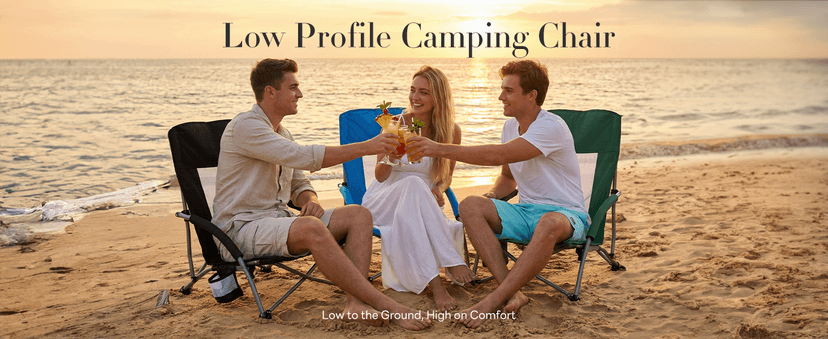 DUMOS Low Camping Beach Chair, Lightweight Folding Portable Beach Chair with Cup Holder, Storage Pocket, Breeze Mesh Back, Padded Armrests, Low Profile Chair for Camp, Picnic, Lawn, Sand, Black