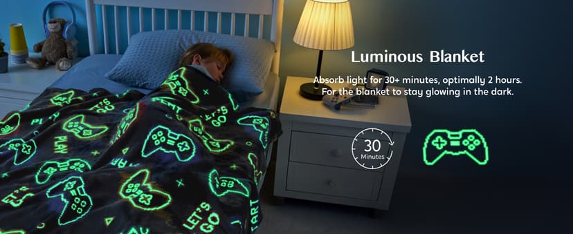 Joiedomi Glow in The Dark Gaming Blanket Gamer Gifts for Boys Age 2 3 4 5 6 7 8 9 10 11 12 Year Old, Soft Cozy Flannel Kids Throw Blanket, Birthday Bedroom Decor Grey 50"×60"