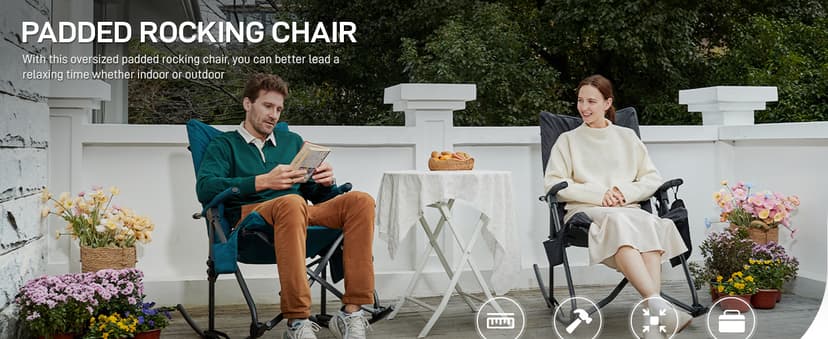 EVER ADVANCED Oversized Folding Rocking Camping Chair, Padded Portable Rocker Chair for Patio, Lawn and Outdoors, Heavy Duty Hard Armchair for Adults Supports 400lbs, Green