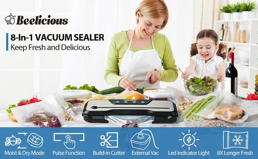 Automatic Food Vacuum Sealer Machine, Beelicious 8-In-1 Food Vacuum Saver with Starter Kits, Pulse Function, Moist & Dry Mode and External VAC for Jars and Containers, Stainless Steel