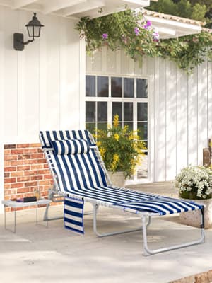 Outsunny Tanning Chair with Face Hole, Side Table, 5-Position Reclining Folding Chaise Lounge Chair Outdoor Lounger Recliner, Carry Straps for Beach Pool Camp, Oxford Fabric, Blue and White