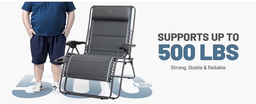 Timber Ridge Oversized Zero Gravity Chair, 33In Wide XXL Zero Gravity Reclining Chair with Side Table, Full Padded Lounge Chair for Outdoor Camping Patio Lawn, Heavy Duty Supports 500lbs, Grey-1 Pack
