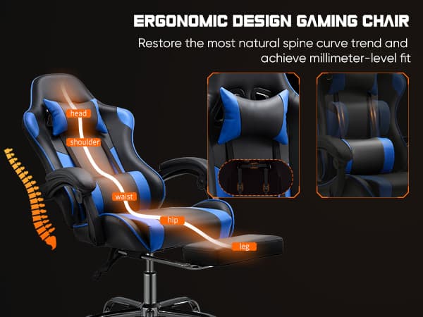 DUMOS Ergonomic Gaming Office Desk Chair with Linkage Armrests for Adults, Height Adjustable Computer Chair with Footrest and Headrest, PU Leather 360° Swivel Recliner with Lumbar Support, Deep Blue