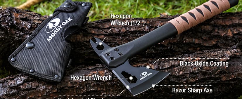 MOSSY OAK 12" Camping Axe and Survival Hatchet with Sheath, Compact Outdoor Multitool Hatchet with Hex Wrench Slots, Non-Slip Dual-Color Handle, Small Camping Gear for Hiking, Chopping, Hunting
