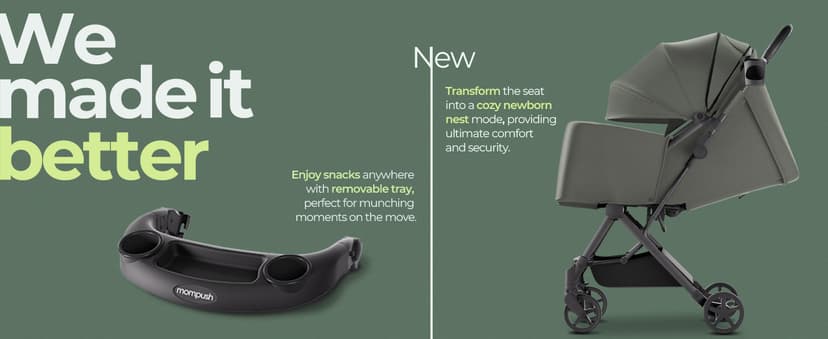 Mompush Lithe V2 Lightweight Travel Stroller, Compact Foldable Baby Stroller with Travel Bag, One-Hand Fold Stroller, Snack Tray, Mechanical Recline Seat, Airplane-Ready, Organizer & Rain Cover