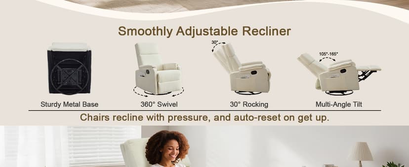 Korser Recliner Chair, Swivel Rocking Recliner Chair for Adults, Glider Rocking Chair, Small Nursery Chair Recliner for Living Room, Reclining Chair with Modern-Designed Armrests, Chenille, Beige