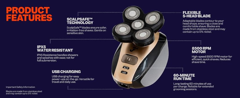 FlexSeries Electric Head & Body Hair Shaver - Mens Cordless Rechargeable Wet/Dry Skull Bald Head Back & Groin Waterproof Razor with Rotary Blades, Clippers, Nose Trimmer, Brush, Massager