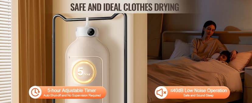 VEVOR Portable Clothes Dryer with Dryer Bag, PTC Heating & LED Display, Foldable Mini Dryer with 5-H Timer for Apartments, Dorms, RVs, or Hotels, 600W, Beige