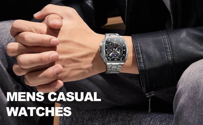 OLEVS Watches for Men Analog Quartz Luxury Diamond Waterproof Chronograph Stainless Steel Big Face Square Date Moon Phase Roman Numeral Dress Watch for Men