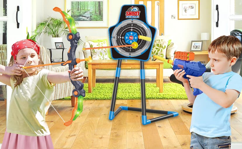 SpringFlower 2 Bow and Arrow Sets with LED Light-up,2 Foam Dart Guns for Kids 5 6 7 8 9 10+ Years Old, Archery Set with Standing Target for Boys & Girl, Ideal Gift