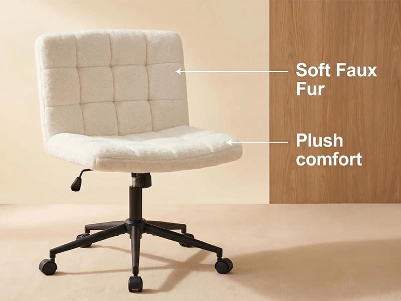 Furnimart Swivel Criss Cross Legged Chair with Wheels for Home Office, Wide Armless Desk Chair Height Adjustable Comfy Seat for Desk,Vanity, Bedroom, Faux Fur White