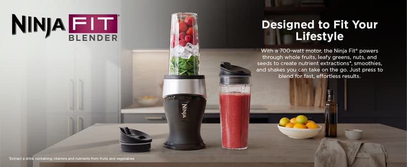 700-watt base blends smoothies, shakes & frozen drinks. (2) 16-oz to-go cups w/ spout lids. Dishwasher safe. Ninja Fit Compact Personal Blender, 700W, (2) 16oz Cups, QB3001SS B01FHOWYA2