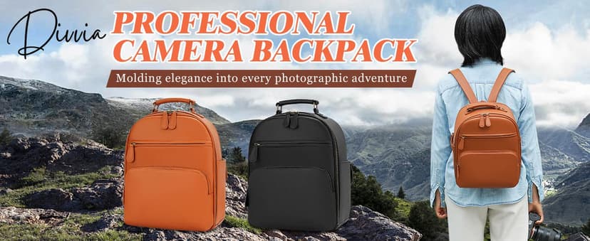 Divvia Small Camera Backpack, Classic PU Leather for DSLR, Professional Camera Bag for Photographers with 11 Inch Pad/Tablet Compartment, 10L Brown