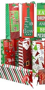 Iconikal 6-Pack Christmas Wine Bottle Gift Bags, Heavy-Duty with Ribbon Handles, Assorted Holiday Designs - Ideal for Festive Xmas Gifting, Parties & Bulk Wrapping