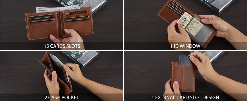 Swallowmall Leather Wallet for Mens Genuine Leather RFID Blocking Bifold Wallets with 1 ID Window 15 Card Slots