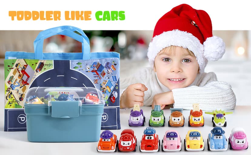 Mini Car Toys for 1 Year Old Boy Gifts, 12 Sets Pull-Back Trucks with Playmat/Storage Box for Toddlers Age 1-2, Baby Toys 12-18 Months, 1st Christmas Birthday Gifts for One Year Olds