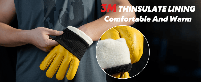 DLY Winter Work Gloves for Men, Water-Resistant, Insulated, Puncture and Abrasion Resistant, Cowhide Leather with Warm Thinsulate Lining for Cold Weather, Large, Yellow, New