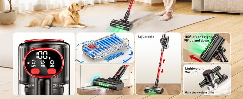 Cordless Vacuum Cleaner, 45KPA 8-in-1 Vacuum Cleaners for Home, 50Mins Runtime, Anti-Tangle Stick Vacuum with LED Display, Rechargeable Lightweight Vacuum for Pet Hair/Carpet/Floor (Red) (Red)