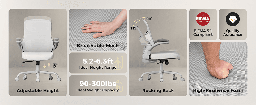 Office Chair, Mesh Ergonomic Desk Chairs, Comfy Computer Gaming Chair with Adjustable Height & Flip-up Armrest, Lumbar Support & Swivel Function for Home Office (Gray)