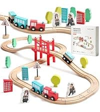 Tiny Land 110pcs Wooden Train Set with Folding Storage Box, Wooden Train Track Toy for Boys & Girls, Age 3-7, Includes Convenient Storage