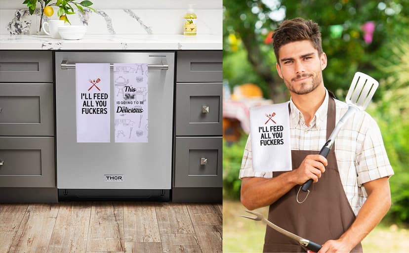 LXOMILL Funny Kitchen Towels for Men, Women, BBQ Grilling Cooking Dish Towels, Funny Birthday Gifts for Husband, Dad, Boyfriend, Friend, Hilarious Gag Gift for Chefs