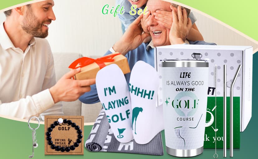 Golf Gifts for Men - 9PC Set: Tumbler, Towel, Socks, Key Chain, Bracelet, Thanks Card; Gift Box; Perfect for Golfer, Dad, Christmas