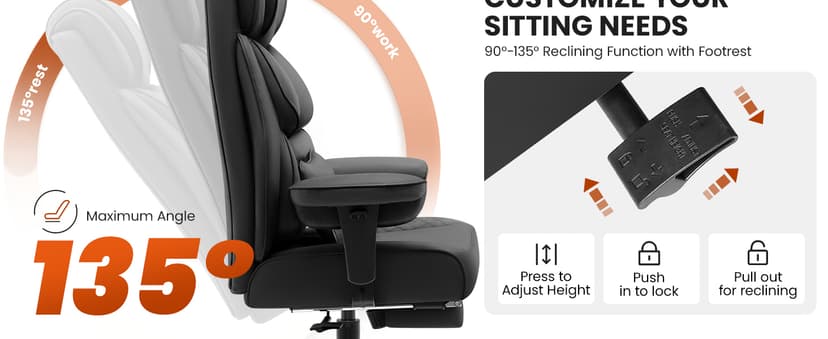 BestGlory Office Desk Chair, Big and Tall Leather Gaming Chair with Footrest, Wide Ergonomic Comfy Executive High-Back Reclining Computer Chairs, Swivel Rolling Wheels and Padded Lumbar Support, Black