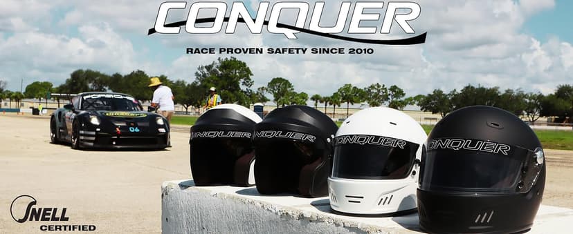 Conquer Snell SA2025 Approved Open Face Auto Racing Race Car Helmet - Adult | Men | Women | Youth - ( Black / White / Silver )