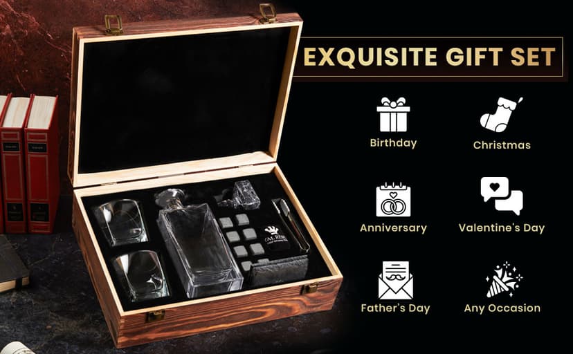 Whiskey Decanter Gift Set by Royal Reserve – Liquor Bourbon Decanter 24 oz 750 ml with Glasses, Chilling Stones, Coasters and Tong – Whiskey Gifts for Men, Husband, Dad, Boyfriend