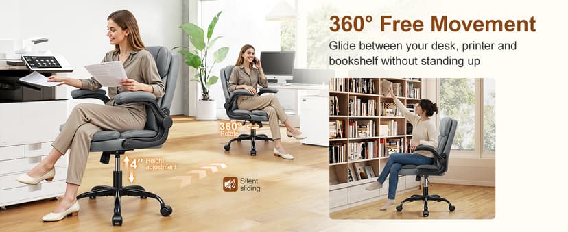 Leather Office Chair, Upgraded PU Computer Desk Chairs with Double-Layer Seat Cushion and Neckrest, 360°Swivel, Ergonomic Small Gaming Chair with Wheels and Adjustable Armrests for Short People, Grey