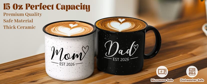Maustic Mom and Dad Mugs, New Parents Gifts for Couples, New Mom and Dad Est 2026 Gifts for Expecting First Time Parents, 15 Oz