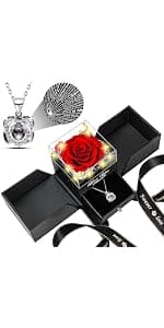 Preserved Red Real Rose with Heart I Love You Necklace -Eternal Flowers Rose Birthday Gifts for Women Her Mom Wife Girlfriend Grandma on Valentines Mothers Day Christmas Anniversary Romantic-Red