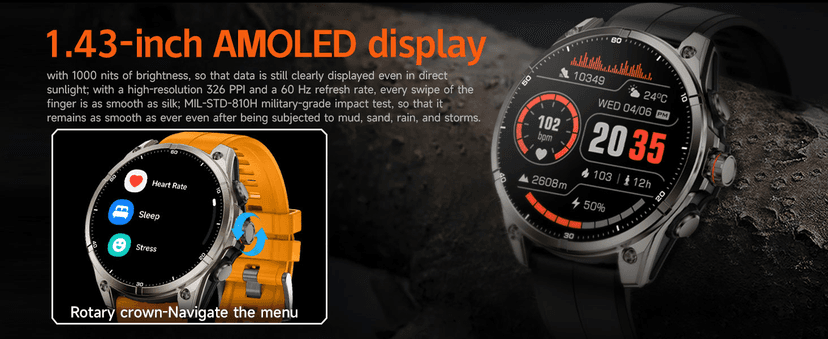 afoloery GPS Running Watch and Outdoor Smartwatch, AMOLED Display, Built-in LED Flashlight,Multisport GPS Smartwatch,5ATM Waterproof,Fitness Tracker up to 15 Days of Battery