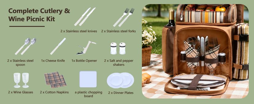 Hap Tim Picnic Basket Backpack for 2 Person with 2 Insulated Cooler Compartment, Wine Holder, Fleece Blanket, Cutlery Set, Wedding Gifts for Couples, Bridal Shower Gifts, Engagement Gifts