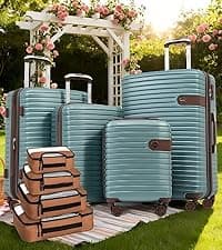 Merax Luggage Sets 3 Piece Hardshell 8 Spinner Wheels Lightweight Suitcase Corner Guards Travel Luggage (Black brown 20IN 24IN 28IN)